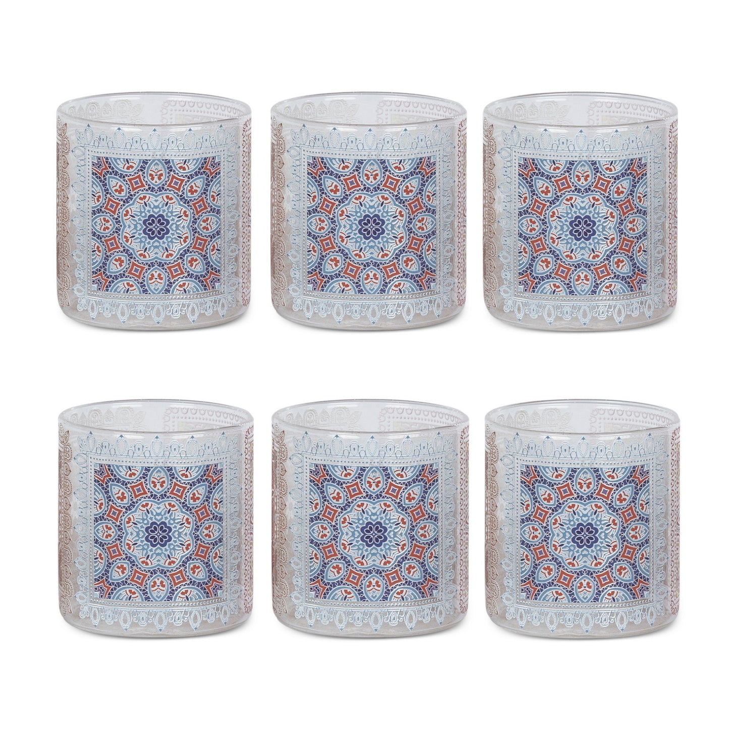 Glasses - Mandala Blue Sqaut  (Set of 6)
