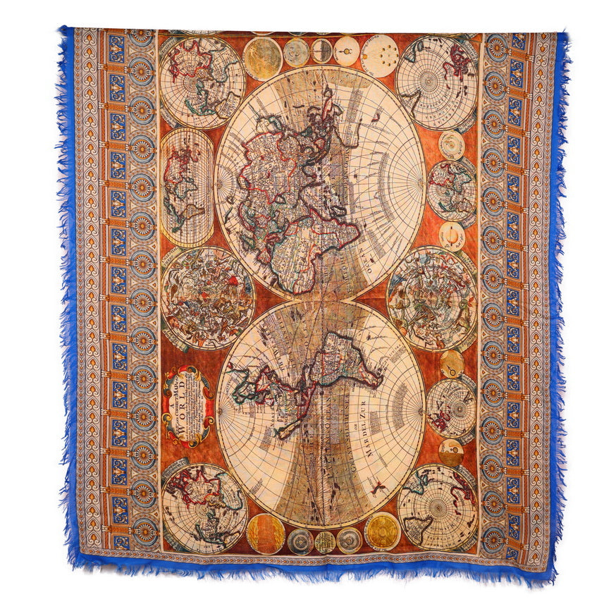 Twill Pashmina Shawl - World Map Dark Blue