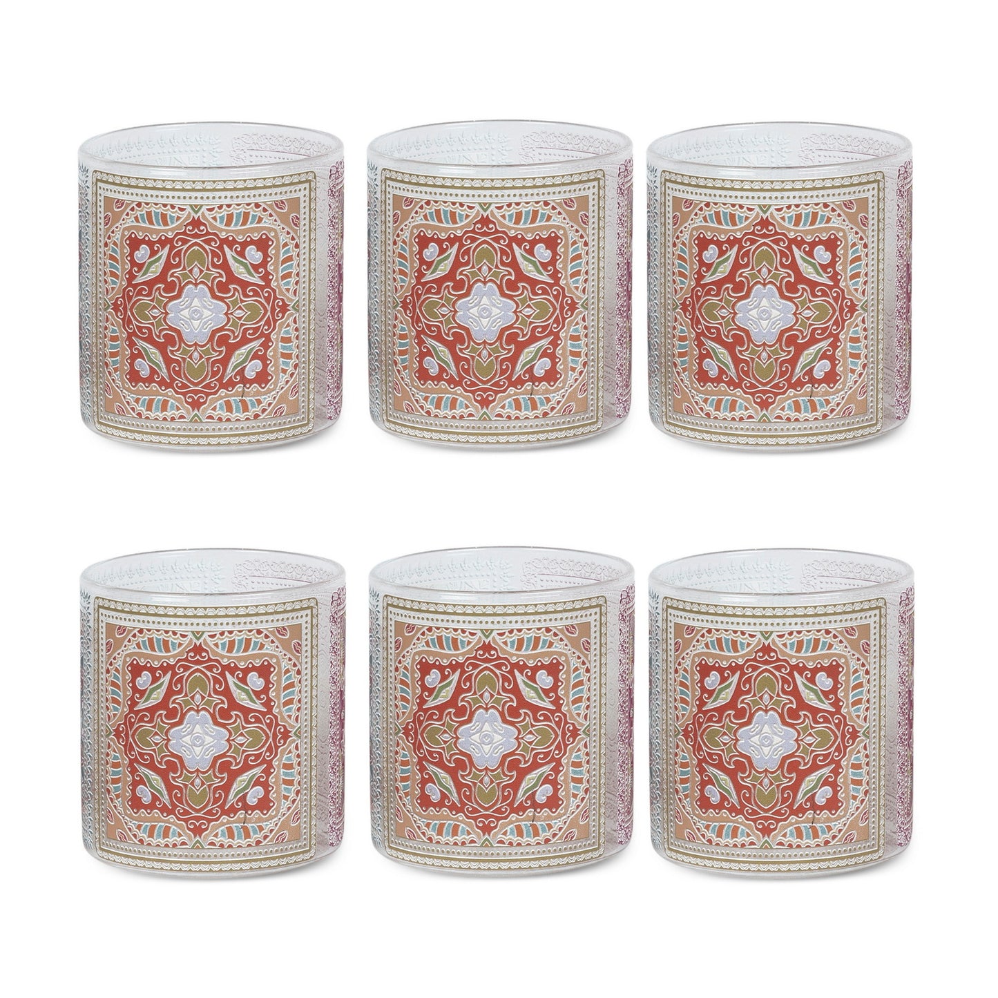 Glasses - Mandala Orange Sqaut  (Set of 6)