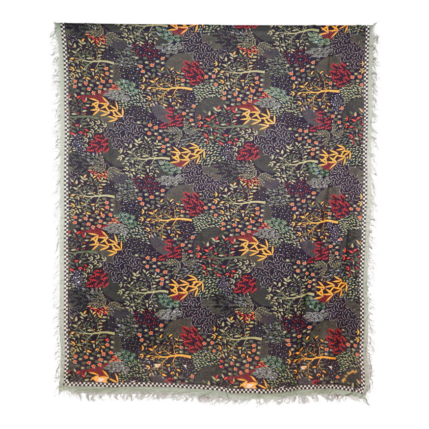 Twill Pashmina Embroidered Shawl - Tree Leaves Night