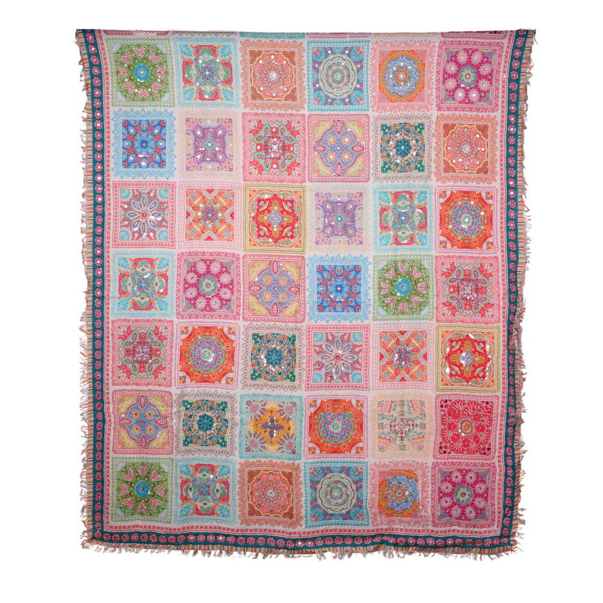 Twill Pashmina Embroidered Shawl - White Mandala