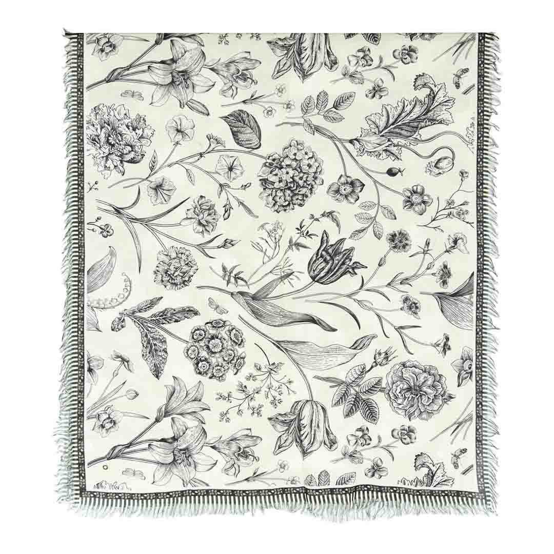 Twill Pashmina - Flora & Fauna Black & White