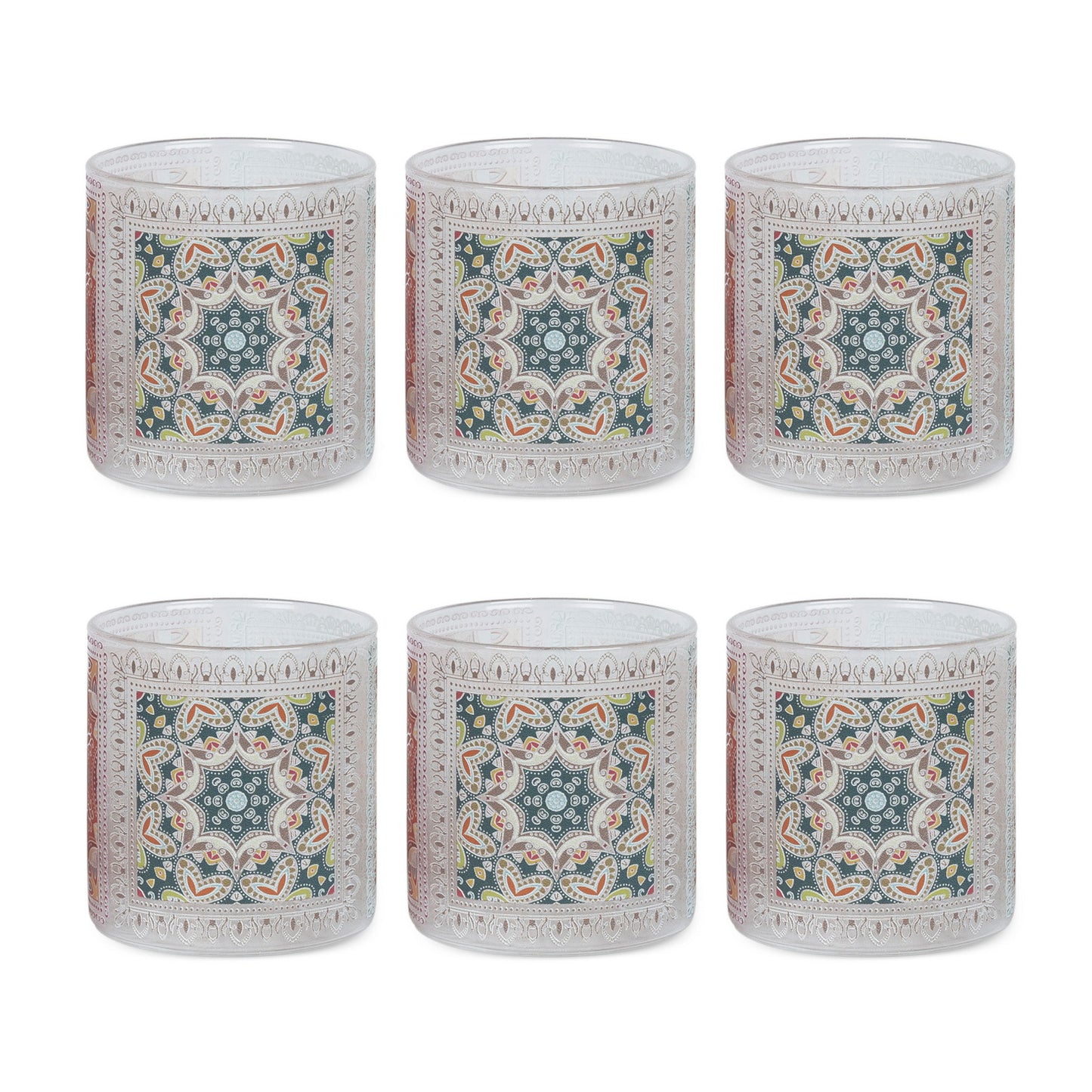 Glasses - Mandala Green Sqaut  (Set of 6)