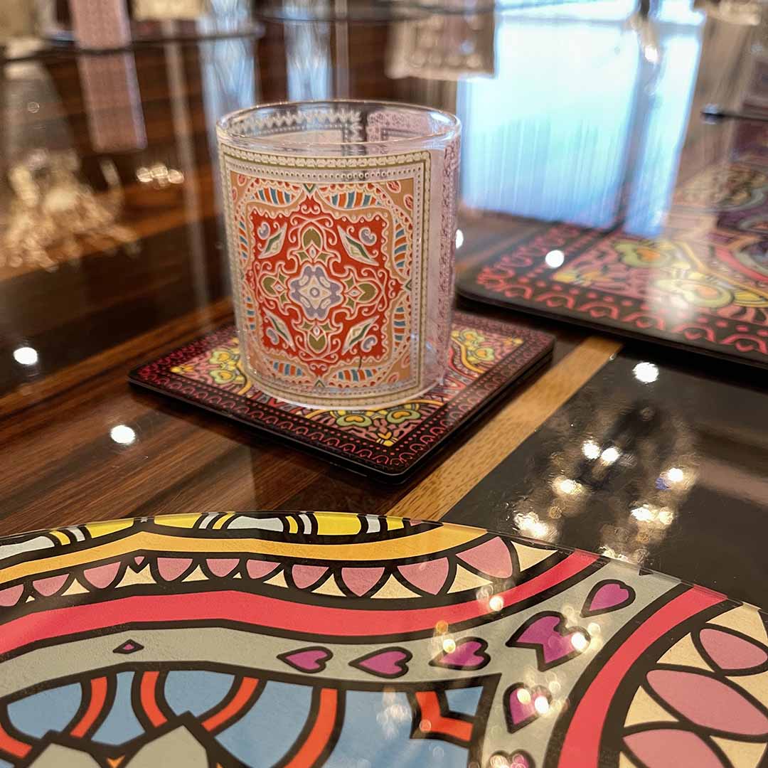 Glasses - Mandala Orange Sqaut  (Set of 6)