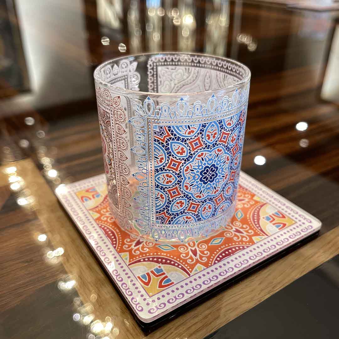 Glasses - Mandala Blue Sqaut  (Set of 6)