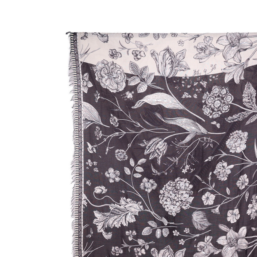 Twill Pashmina Embroidered Shawl - Flora Fauna Half & Half