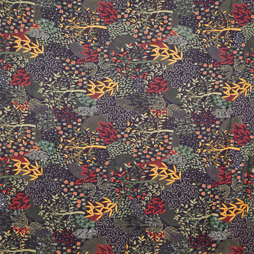Twill Pashmina Embroidered Shawl - Tree Leaves Night