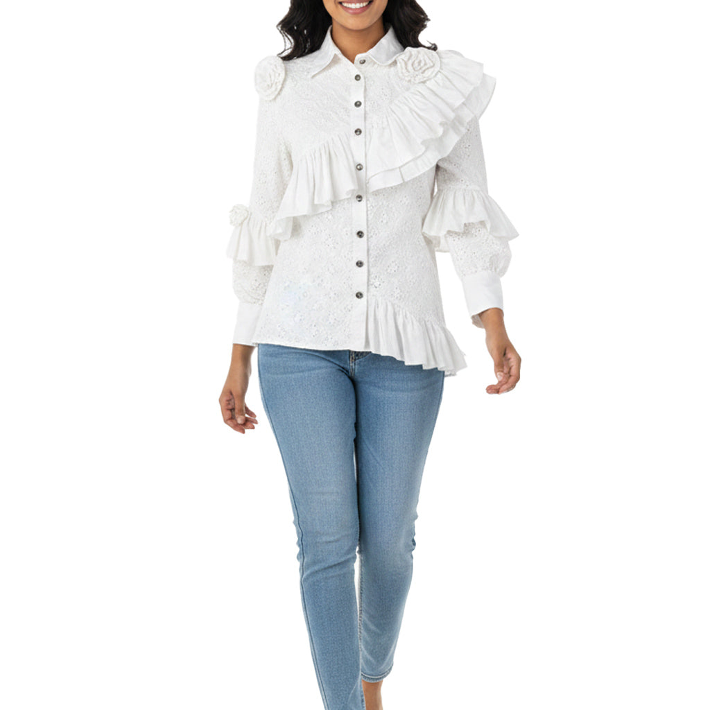 Ikat Affair - Embroidered Ruffle Shirt