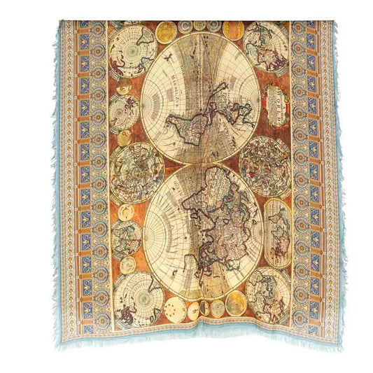 Twill Pashmina - World Map Light Blue