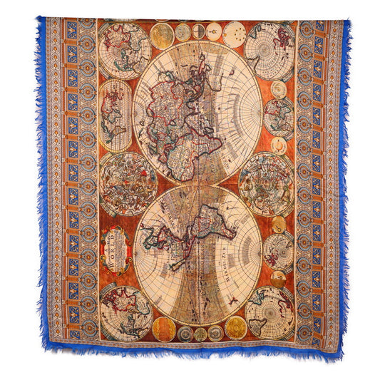 Twill Pashmina Shawl - World Map Dark Blue