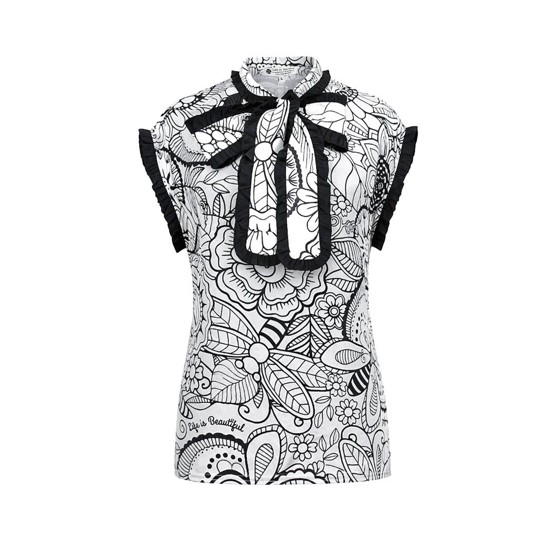 Doodle  - Monochrome Floral Ruffle Tie-Up Top