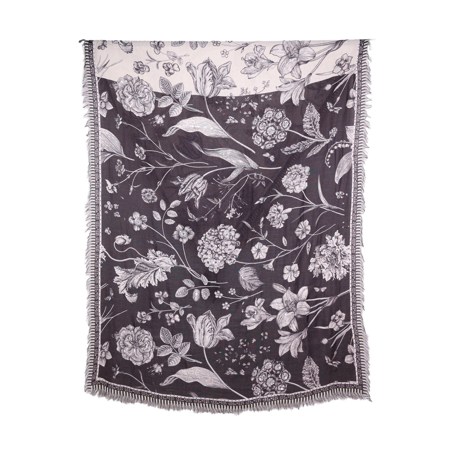 Twill Pashmina Embroidered Shawl - Flora Fauna Half & Half