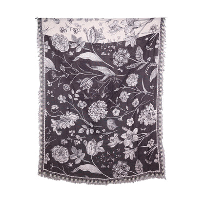 Twill Pashmina Embroidered Shawl - Flora Fauna Half & Half
