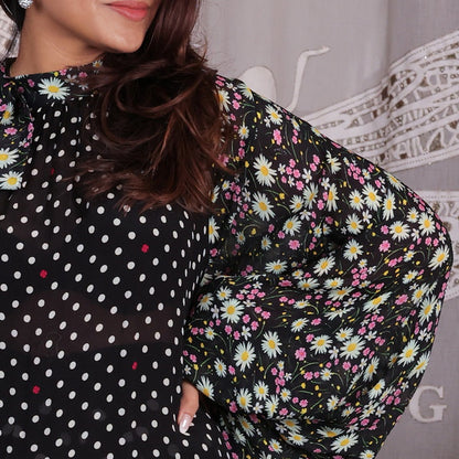 Polka dot - Raglan Gathered Sleeves Black Top