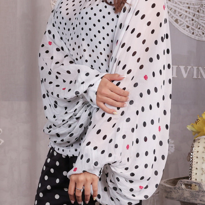 Polka dot - Raglan Gathered Sleeves White Top