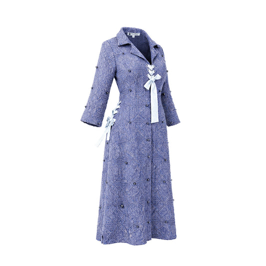 Denim - Indigo Textured Lace-Up Midi Dress