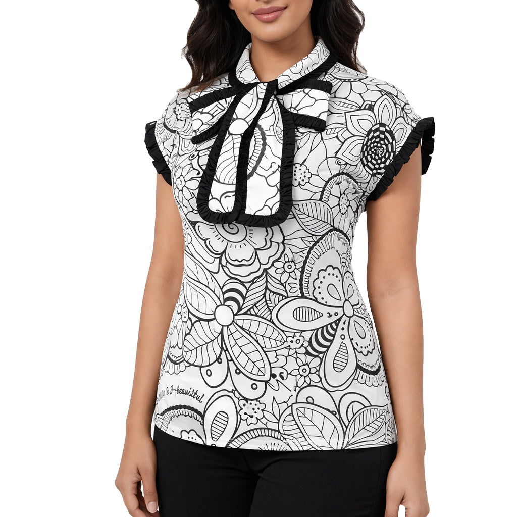 Doodle  - Monochrome Floral Ruffle Tie-Up Top