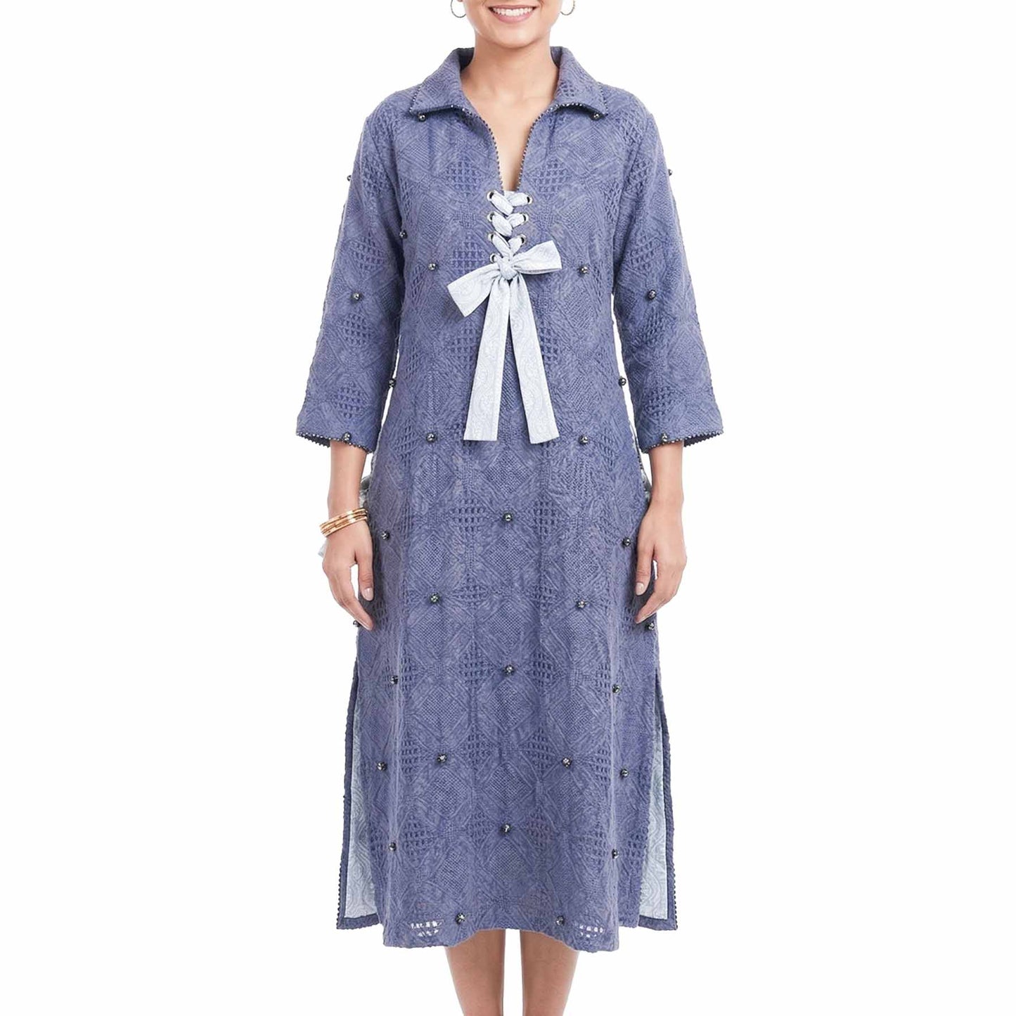 Denim - Indigo Textured Lace-Up Midi Dress