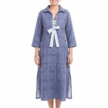 Denim - Indigo Textured Lace-Up Midi Dress