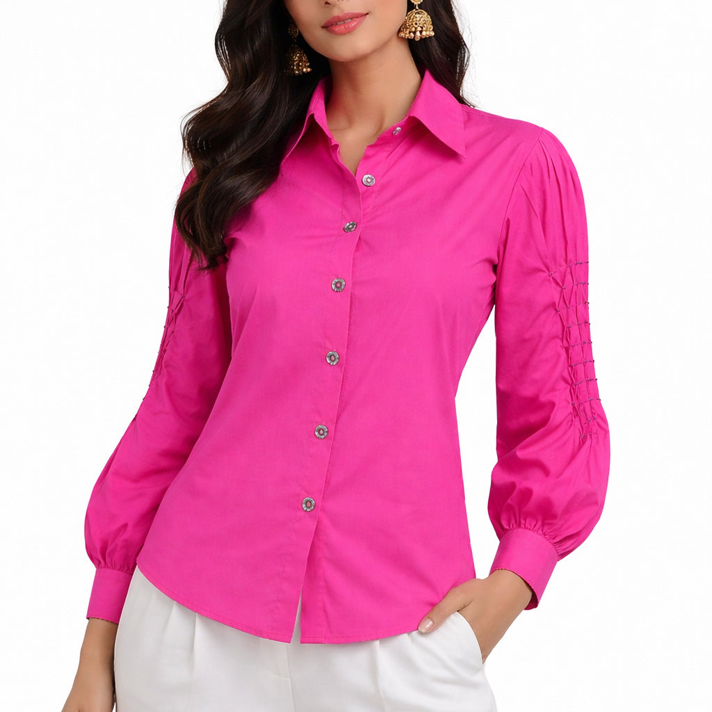 LIB Basics - Fuchsia Smocked Sleeve Shirt