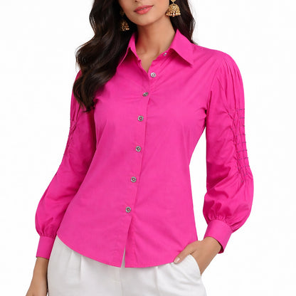 LIB Basics - Fuchsia Smocked Sleeve Shirt