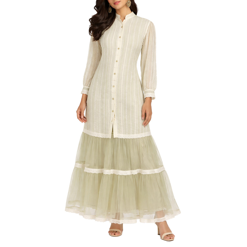 Ikat - Ivory Lace Panelled Dress with Tulle Hem