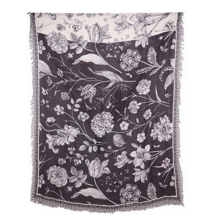 Twill Pashmina Embroidered Shawl - Flora Fauna Half & Half