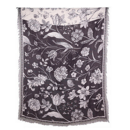 Twill Pashmina Embroidered Shawl - Flora Fauna Half & Half